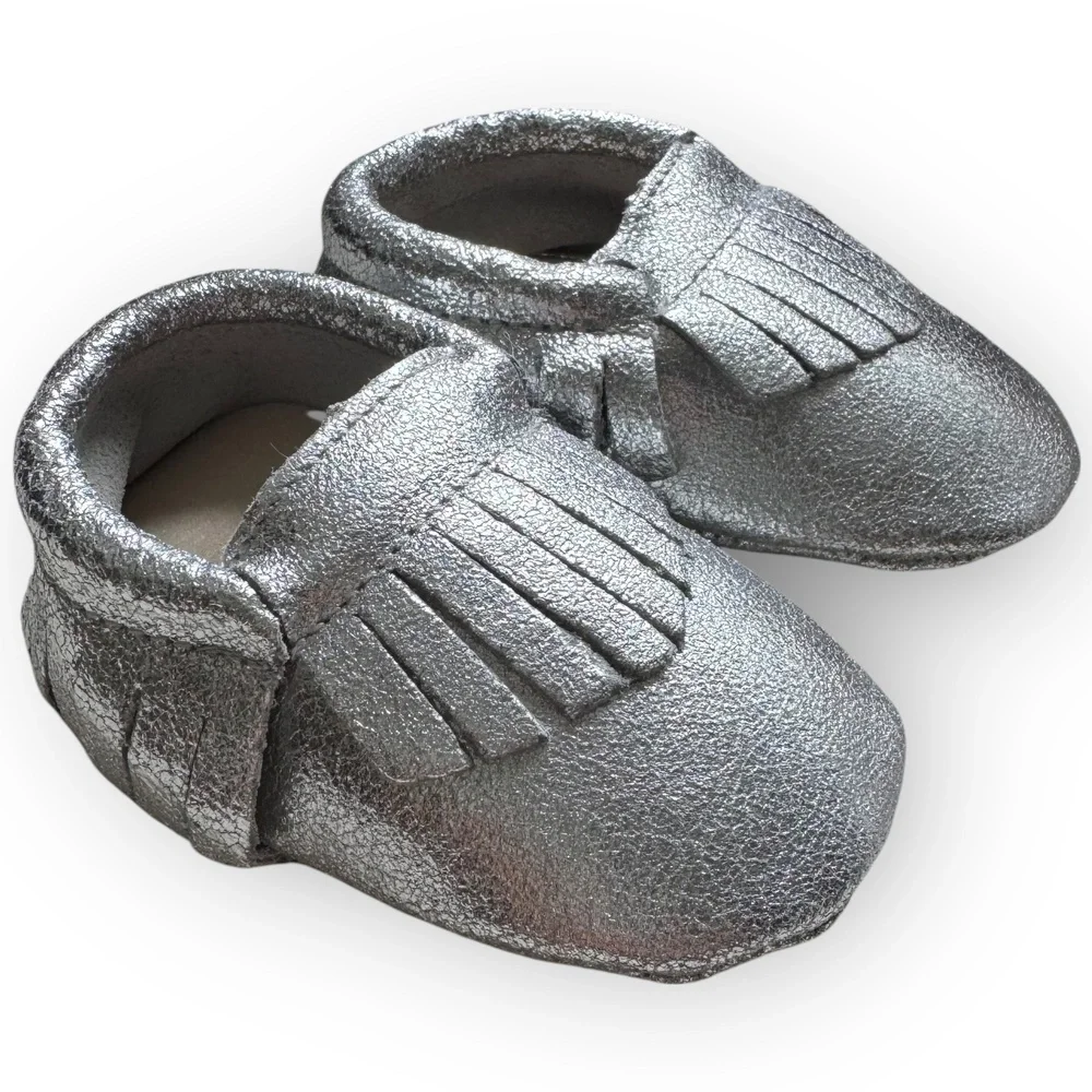 NWT Silver Genuine Leather Baby Moccasins - 18-24 Months